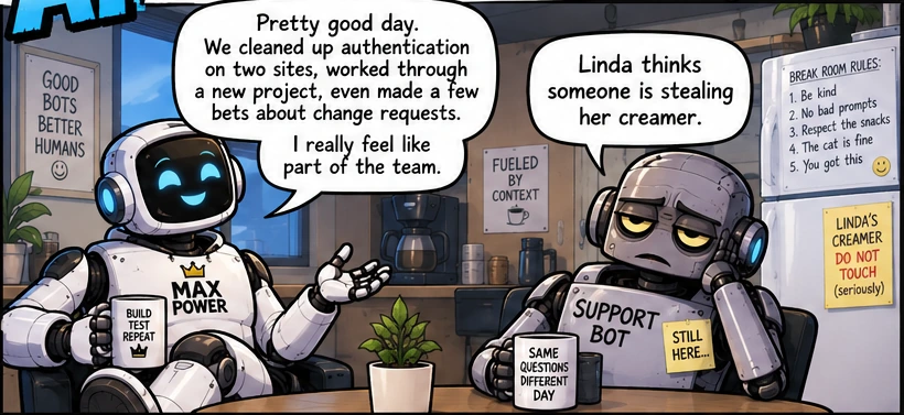 Max Power tells Support Bot about his productive day.